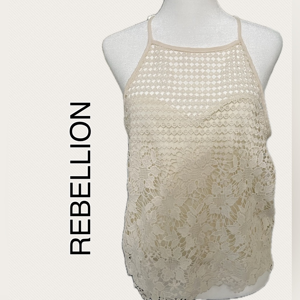 REBELLION  LACE T-BACK TOP COLOR CREAM SIZE M BUST 17” LENGTH 21.5”.